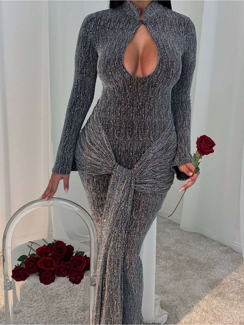 Bad Society Club Blake Glitter Maxi Dress Silver Medium